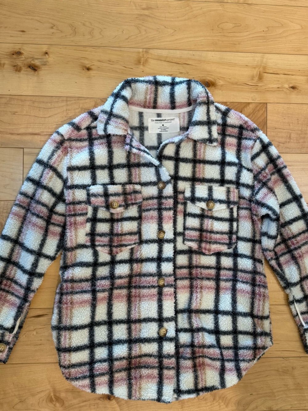 Cozy Plush Plaid Shacket - Cream, Black & Pink